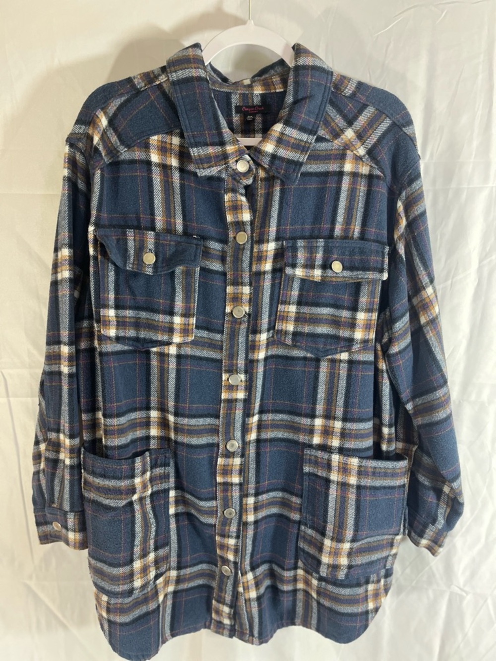 Relaxed Navy Plaid Button-Down Shirt Jacket with Patch Pockets